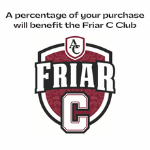 Archbishop Curley Friar C logo with text stating a percentage of your purchase will benefit the Friar C Club