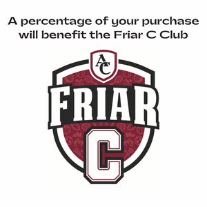 Archbishop Curley Friar C logo with text stating a percentage of your purchase will benefit the Friar C Club