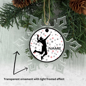personalized ornament with a silhouette design of a volleyball player on a snowflakes background