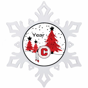 White snowflake-shaped acrylic Christmas ornament with red trees and the Chattooga Indians logo on a white background