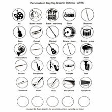 Collection of musical instrument silhouette graphics for personalized bag tags, categorized under Arts.