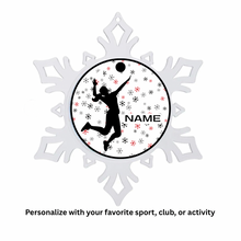 Decorative snowflake shaped acrylic Christmas ornament with silhouette of a person playing volleyball and customizable text on a snowflakes background