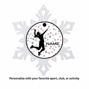 Decorative snowflake shaped acrylic Christmas ornament with silhouette of a person playing volleyball and customizable text on a snowflakes background