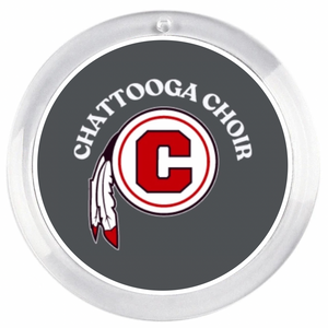 acrylic round disc with the Chattooga Choir logo on a grey background