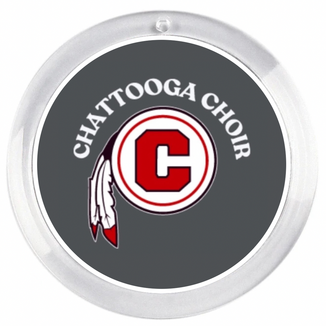 acrylic round disc with the Chattooga Choir logo on a grey background