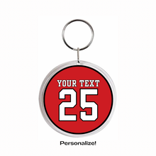 personalized acrylic round keychain with a white jersey number 25 on a red background