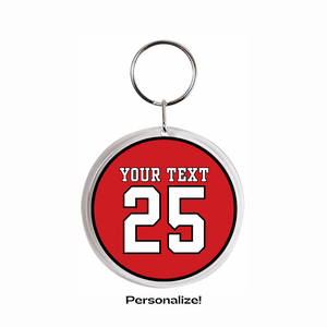 personalized acrylic round keychain with a white jersey number 25 on a red background