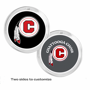 set of two acrylic photo discs with the Chattooga Indians logo on black background and the Chattooga Choir logo on a grey background