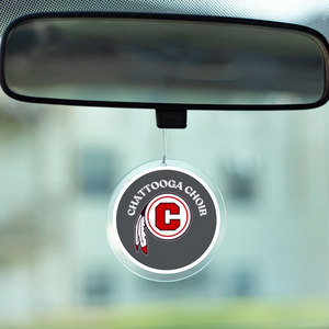 acrylic photo disc rear view mirror accessory with the Chattooga Choir logo