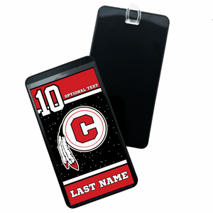 personalized luggage bag tag with the Chattooga Indians logo, optional text, and a jersey number 10 in black, red, and white