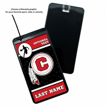 Personalizable bag tag the Chattooga Indians logo, optional text, and a female basketball player silhouette on a black background