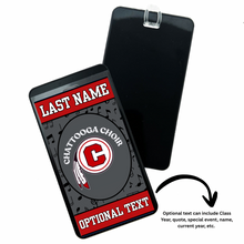 personalized bag tag with the Chattooga Choir logo, text options, and musical notes on a grey background