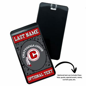 personalized bag tag with the Chattooga Choir logo, text options, and musical notes on a grey background
