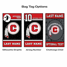 Three bag tag options with different Chattooga Indians logo graphics and personalized text on a white background