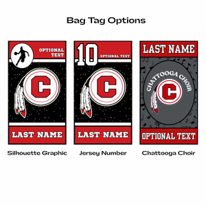 Three bag tag options with different Chattooga Indians logo graphics and personalized text on a white background