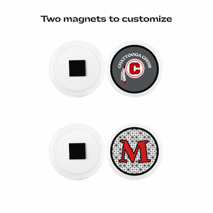 Two customizable acrylic round magnets one with the Chattooga choir logo and the other with a red letter M initial
