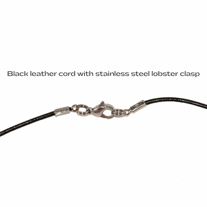 Black leather cord with stainless steel lobster clasp on a white background