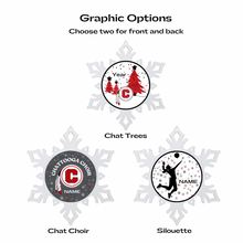 set of three acrylic snowflake shaped Christmas ornaments with various holiday themed Chattooga Indians logos and personalized graphics