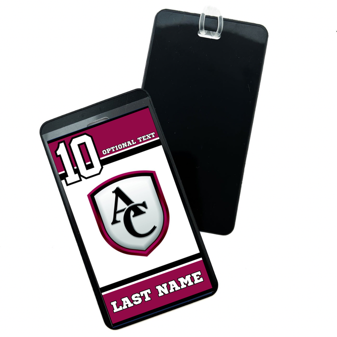 Personalized bag tag with archbishop curly shield logo, the number 10 and the text ‘last name’ in maroon and black ￼