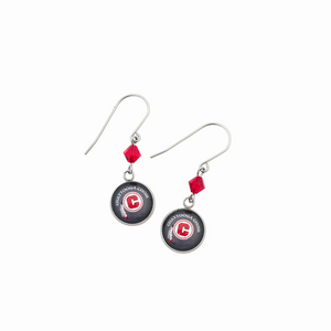 Pair of earrings with circular Chattooga Choir  charms, red Swarovski crystal beads, and silver titanium ear wires