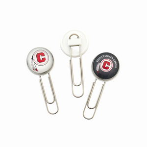 Three paper clips with circular ends featuring the Chattooga high school and Chattooga choir logos 