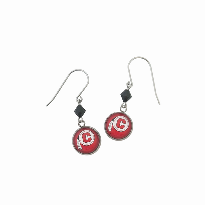 Pair of earrings with circular Chattooga Indians red charms, black Swarovski crystal beads, and silver titanium ear wires