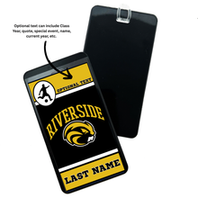 Personalized Riverside Beavers high school bag tag with optional text and last name and a soccer player silouette in black, gold, and white