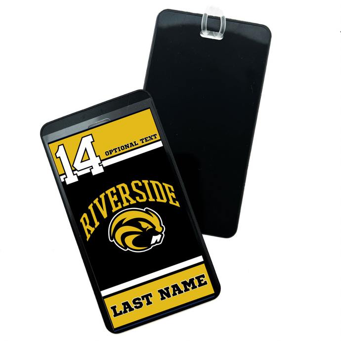Personalized Riverside Beavers high school bag tag with optional text and last name and the number 14 in black, gold, and white