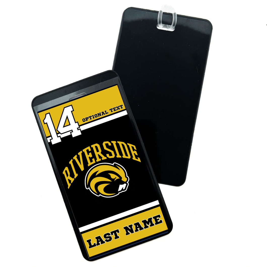 Personalized Riverside Beavers high school bag tag with optional text and last name and the number 14 in black, gold, and white