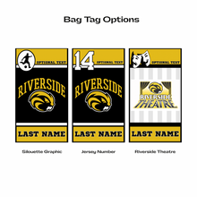 3 sets of personalized Riverside Beavers high school and theatre bag tags with optional text, graphics, and last name in black, gold, and white