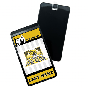 Personalized Riverside Beavers high school theatre bag tag with optional text and last name and comedy drama mask in black, gold, and white