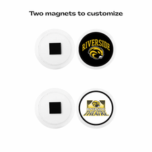 Front and back view of Two customized round acrylic photo magnets with the Riverside Beaver logo on one and the Riverside Theatre logo on the other in black, gold, and white