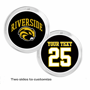 Two acrylic photo discs with a circular shape, with one featuring the Riverside Beavers logo on black background and the other with the number 25 and your text in white and yellow