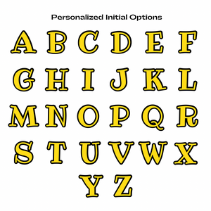 Yellow capital letters A to Z with black outline on a white background with text 'Personalized Initial Options'.