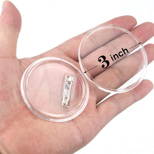 3.0" acrylic round photo button in the palm of a man's hand
