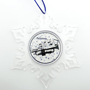 personalized acrylic snowflake christmas ornament with trumpet silhouette graphic
