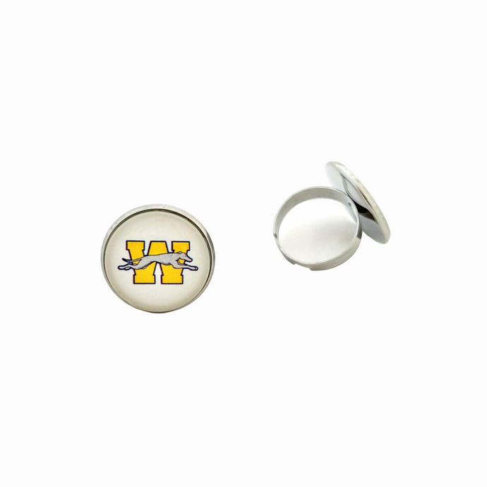 stainless steel adjustable ring with the Wilmington Greyhounds logo on a white background