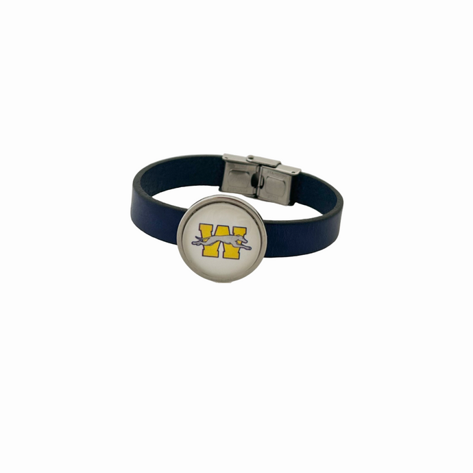10 mm blue leather strap bracelet with center steel cabochon charm featuring the Wilmington Greyhounds logo and a stainless steel clasp