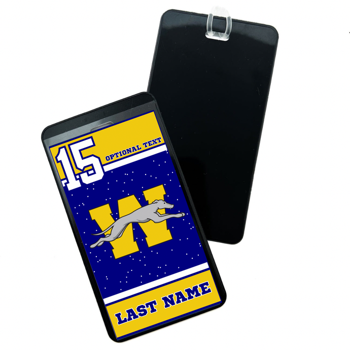 Personalizable bag tag with blue and yellow design featuring the Wilmington Greyhounds logo and text space.