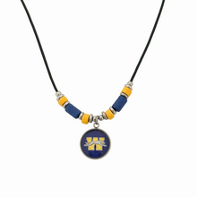 black leather cord necklace with Wilmington Greyhounds logo pendant with blue and yellow beads and stainless steel spacers