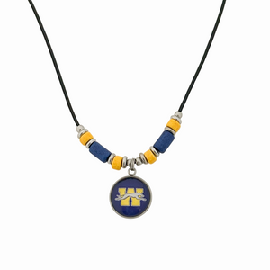 black leather cord necklace with Wilmington Greyhounds logo pendant with blue and yellow beads and stainless steel spacers
