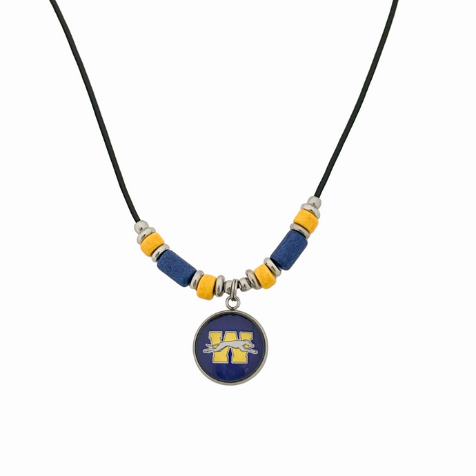 black leather cord necklace with Wilmington Greyhounds logo pendant with blue and yellow beads and stainless steel spacers