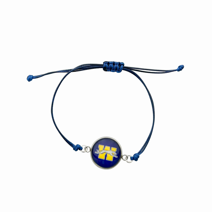 navy blue adjustable cord bracelet with stainless steel center charm featuring the Wilmington Greyhounds logo with blue background
