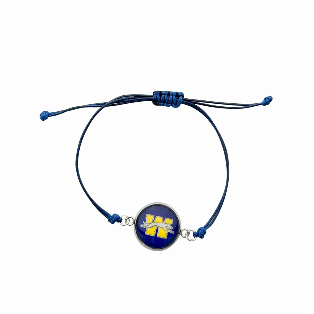 navy blue adjustable cord bracelet with stainless steel center charm featuring the Wilmington Greyhounds logo with blue background