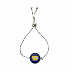 stainless steel adjustable slide bracelet with center charm featuring the Wilmington Greyhounds logo with blue background