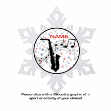 Snowflake-shaped ornament with saxophone graphic and customizable name text on a white background