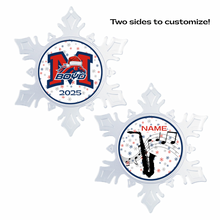 Two customizable snowflake-shaped acrylic photo ornaments with McKinney Boyd logo on one side and a saxophone silhouette on the other side with coordinating snowflake background in navy blue, red, and white