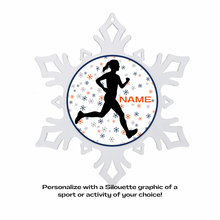 Snowflake-shaped acrylic ornament with silhouette graphic of a female runner and customizable text on a snowflake background in navy blue, orange, and grey