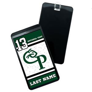 personalized Comstock Panthers bag tag with jersey number option and custom text in green, black, and white