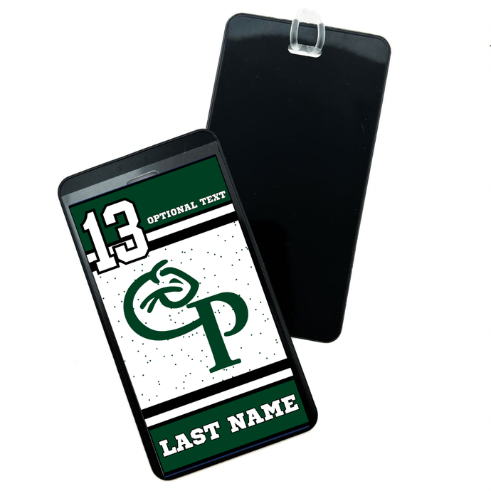 personalized Comstock Panthers bag tag with jersey number option and custom text in green, black, and white